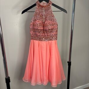 Sherri Hill Pink Sequin Halter A-line Dress